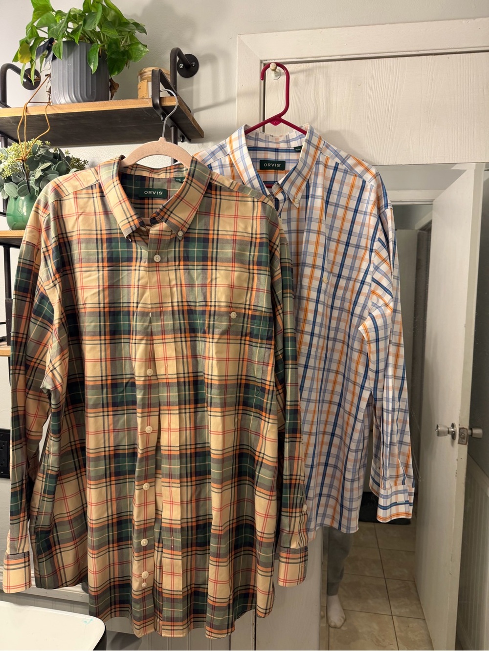 Orvis Bundle Men's Green and Beige Plaid and White and Blue Button-Down Shirts